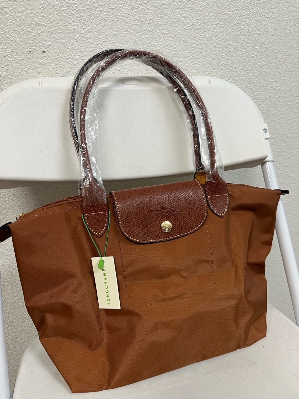 Longchamp Medium Cognac Nylon Tote Bag with Leather Trim